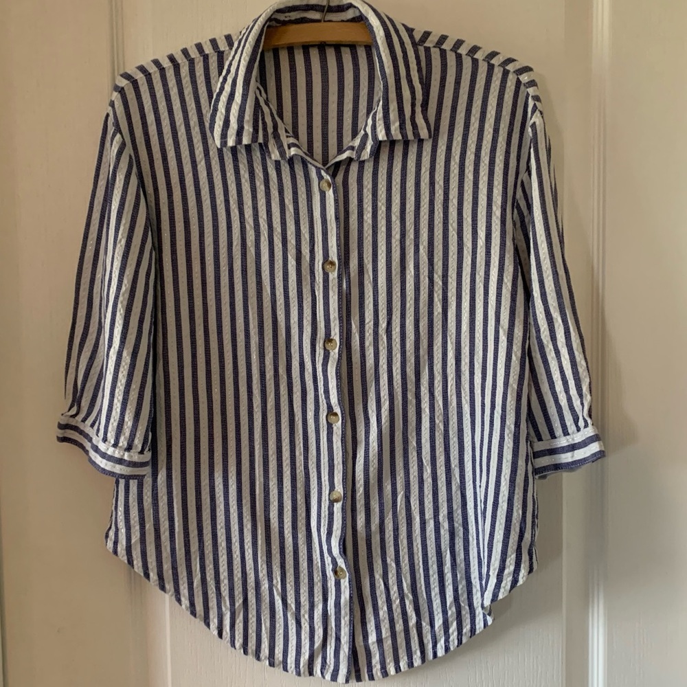 Blue silver and white pinstripe button-down shirt